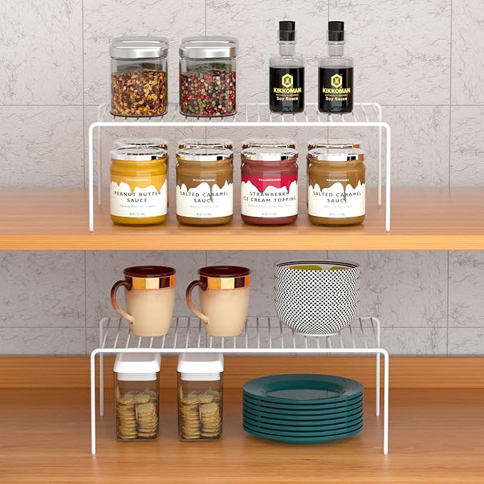 Kitchen Cabinet Shelf Organizer Set of 4, Medium (13 x 9.4 inch) Metal Wire Pantry Storage Shelves, Dish Plate Racks for Cabinets, Freezer, Counter, Cupboard Organizers and Storage, White