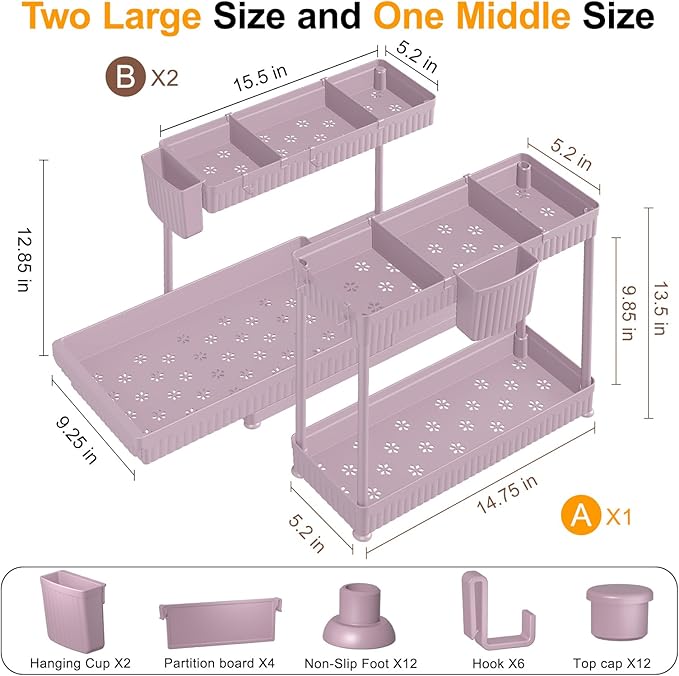 3 Pack Multi-Purpose Under Sink Organizers and Storage, 2025 L-Shaped Pull Out Cabinet Organizer for Bathroom & Kitchen, Under Cabinet Organizer with Hooks Hanging Cup, Pink