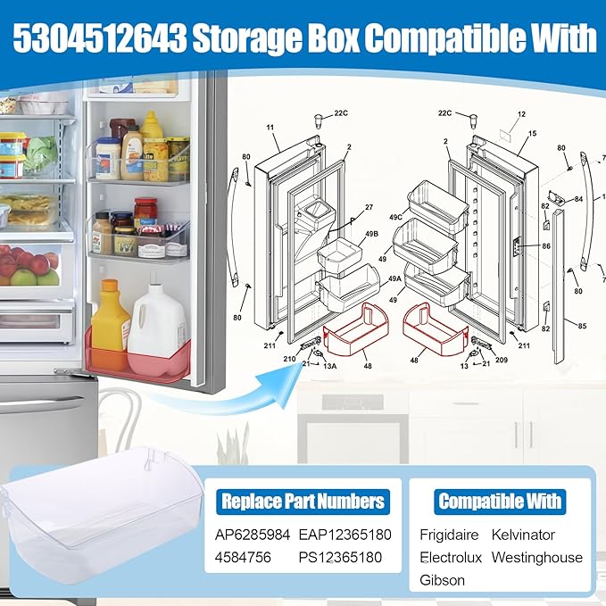 5304512643 Bin-Door Compatible with Electrolux Frigidaire FGHB2868TF4 LGHB2869TD1 Fridge Door Shelf. 5304512643 Refrigerator Door Bin Replace AP6285984 4584756 EAP12365180 PS12365180 Shelf Bin