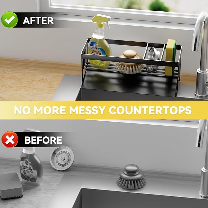 Kitchen Sink Caddy Organzier with Sponge Holder and Removable Drip Tray for Kitchen Sink, 304 Stainless Steel Organize for Sponge Soap Dish Brush Storage Accessories(Black