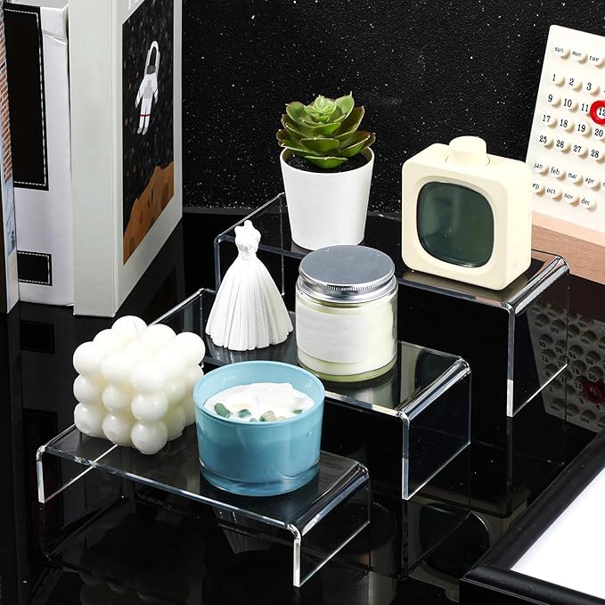 6 Pcs Clear Acrylic Risers Display Stands, 3 Sizes/Set Thickening Transparent Cabinet Riser Shelves Dessert Holder for Manga, Cupcake, Collectibles, Perfume, Retail Shop Showcase (7”/ 8” / 9”)