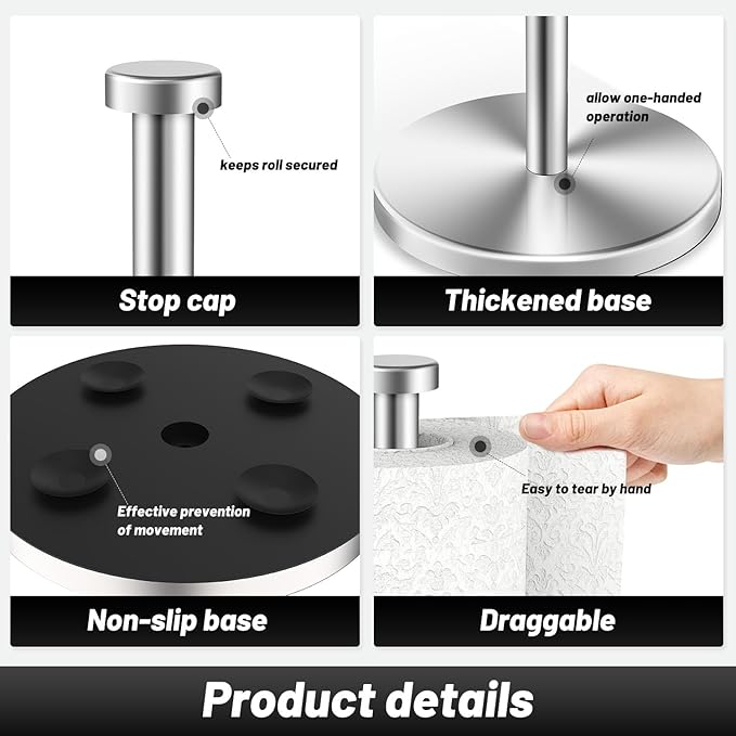 VEHHE Paper Towel Holder Countertop, Stainless Steel Paper Towel Holder Stand with Weighted Base Suction Cups, Standing Paper Towel Roll Holder for Kitchen Bathroom (Silver)