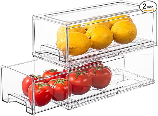 PiJeyiee 2 Pack Clear Stackable Refrigerator Organizers and Storage Drawers - Pull-Out Fridge Bins with Anti-Slip Base & Easy Clean, Plastic Organizers for Kitchen Pantry Cabinet Closet (Medium)