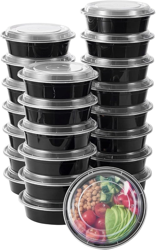 Jaluxing 24 oz 150 ct Round Meal Prep Food Storage Containers with Lids To Go Plastic Lunch Plan Box Disposable Take Out Bowls Black BPA Free Durable Stackable Microwave Freezer Safe (Formerly FULING)