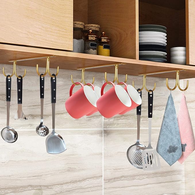 MOCOUM Under Cabinet Mug Rack, Rustic Mug Organizer Rack Cup Holder Under Shelf 12 Hanging Hooks Rack for Mugs, Coffee Cups and Kitchen Utensils Display (Glod-3 Pack-12 Hooks)