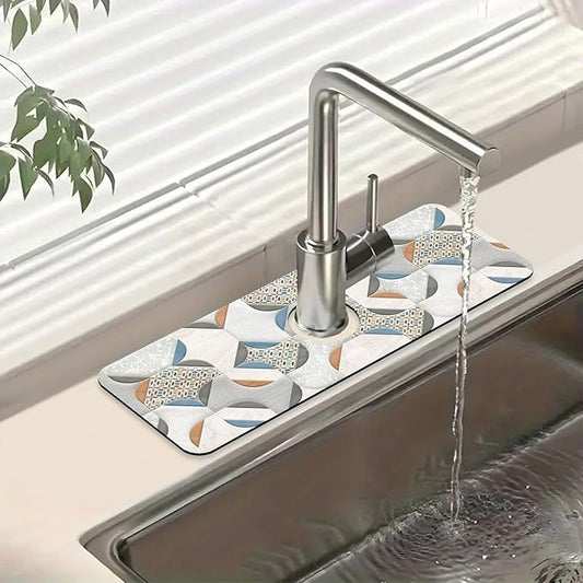 Ceramic Wall Tiles Sink Splash Guard Faucet Mat Moroccan Graphics Super Absorbent Fast Drying Mat Sink Gadgets-Splash Guard Behind Faucet Drip Catcher for Kitchen Bathroom, 15.5"x5.5"