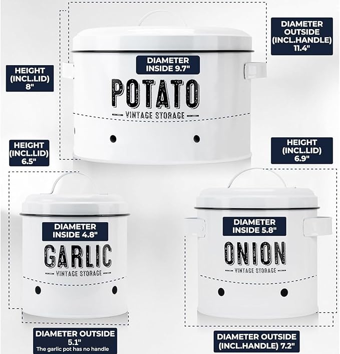Granrosi Kitchen Vegetable Storage Set for Pantry & Countertop — Set of 3 Kitchen Containers Including Potato Bin, Onion Keeper & Garlic Storage; Rustproof Metal & Aeratic Holes; Farmhouse Style