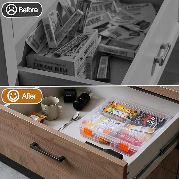Drink Packet Organizer – Stackable Clear Acrylic Water Flavor Packet Organization with Removable Dividers & Secure Lid for Kitchen, Countertop, Pantry, and Travel (Orange)