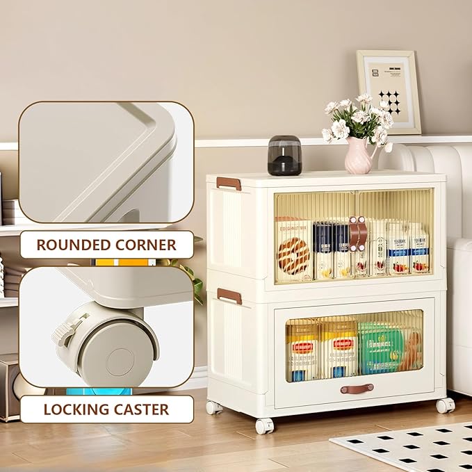 ONAIL 3-Tier Stackable Storage Bins with Lids 65 QT, Collapsible Storage Cabinet Bins with Wheels and Doors, Plastic Foldable Storage Box Container with Drawer for Clothes, Home, Office, Dorm