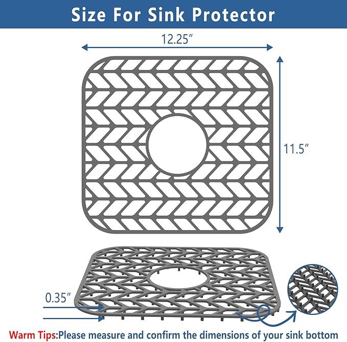 AWOKE Silicone Sink Protectors for Kitchen Sink, 12" x 11" Mat for bottom of sink, Center Drain Hole, Protect from Stains, Scratches, Dishwasher Safe Grid for Kitchen (2 Pack, Gray)