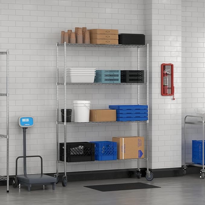 Commercial NSF Listed Chrome Mobile Wire Shelving Kit 12" x 54" x 80", with 4 Shelves Perfect for Warehouse, Walk-in Refrigerator, Freezer, Grocery Store, Restaurant, Dishroom