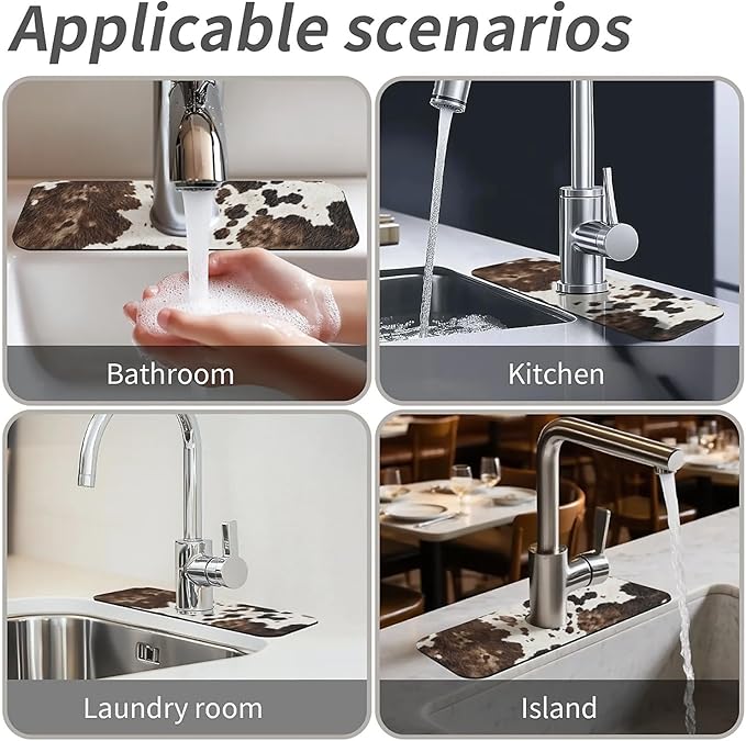 Kitchen Sink Splash Guard，Animal cow skin texture Faucet Mat Sink Gadgets-Super Absorbent Fast Drying Mat Drip Catcher for Kitchen, Bathroom,Sink Mat, Dish Drying Mat, Bathroom(15" X 5.5" )