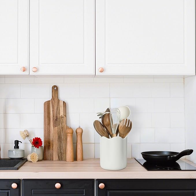Ceramic Utensil Holder for Kitchen Counter, 6.2" Large Kitchen Utensil Holder for Countertop with Cork Bottom, Cooking Tool Organizer for Spatula, White