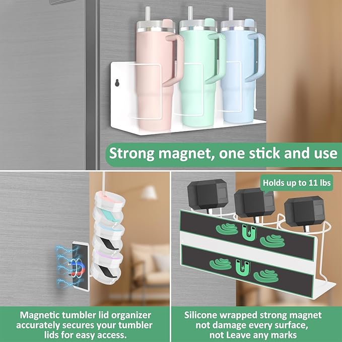 Magnetic Cup Holder for Fridge Water Bottle Organizer for Cabinet, 2Pcs Magnetic Cup Holder Heavy Duty with Tumbler Lid Organizer for 20oz 30oz 40oz Cup Accessories Storage (White)