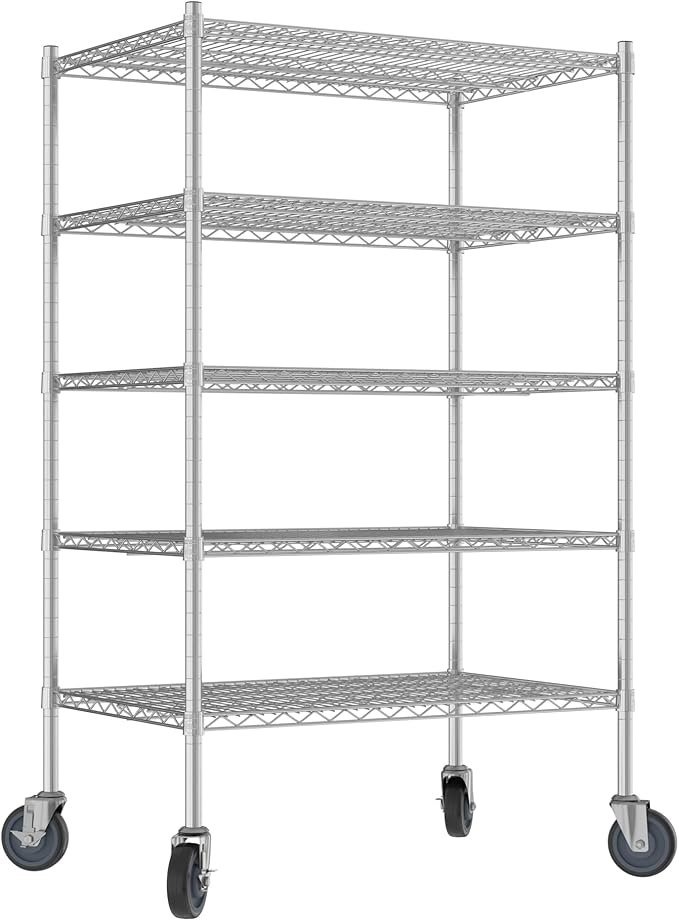 Commercial NSF Listed Chrome Mobile Wire Shelving Kit 24" x 36" x 60", with 5 Shelves Perfect for Warehouse, Walk-in Refrigerator, Freezer, Grocery Store, Restaurant, Dishroom