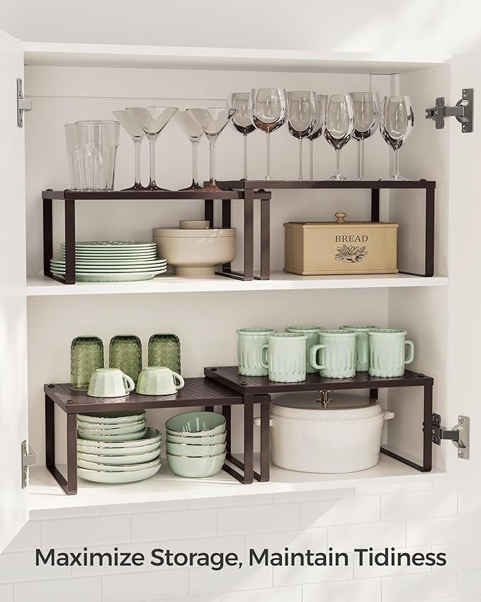 SONGMICS Spice Racks, Set of 2 Metal Cabinet Shelf Organizers, Countertop Organizers, Shelf Risers, Stackable, Expandable, Brown UKCS01BR