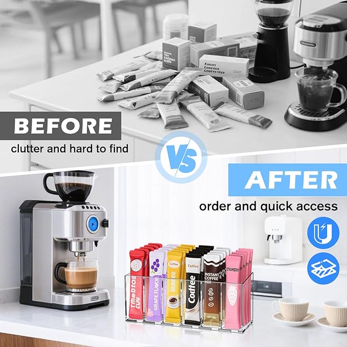 Drink Packet Organizer, Magnetic & Adhesive Water Packet Organizer with Removable Dividers & 6 Compartment for Kitchen Pantry Table Fridge Cabinet