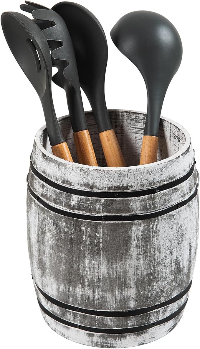 Rustic Dark Stone Gray Wood Utensil Crock Wine Barrel Kitchen Organization Countertop Holder Black Metal Cooking Tools Culinary Gadgets Compact Storage Vintage Wooden Organizer Home Restaurant