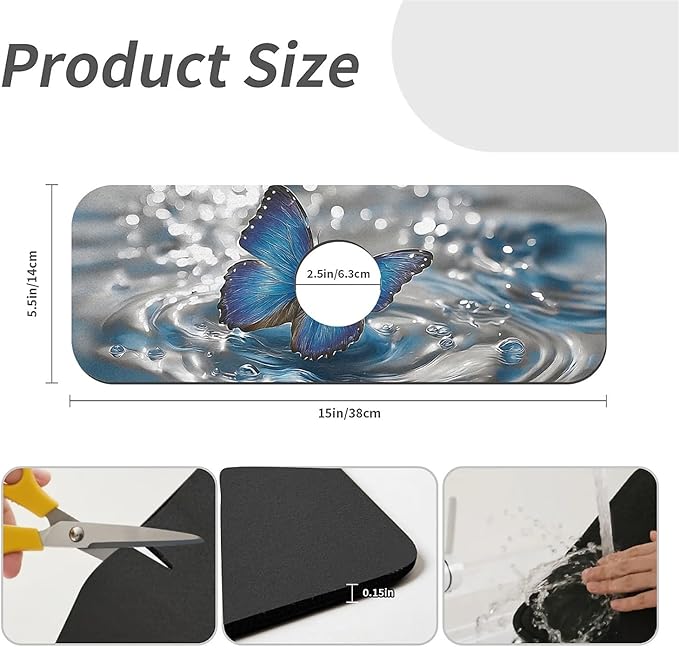 Kitchen Sink Splash Guard，A blue butterfly Faucet Mat Sink Gadgets-Super Absorbent Fast Drying Mat Drip Catcher for Kitchen, Bathroom,Sink Mat, Dish Drying Mat, Bathroom(15" X 5.5" )