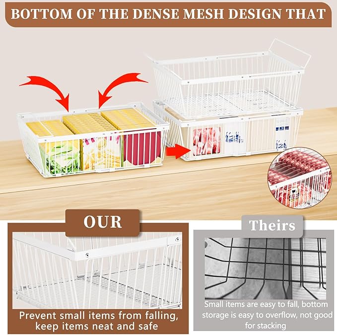 Large Freezer Organizer Bins，Upgraded Bottom Leak-Proof net，2 Pack， Expandable Stackable Chest Freezer Containers with Handle，for Fridge, Deep Freezer, Cabinet, Kitchen, Pantry (White-4Pack)
