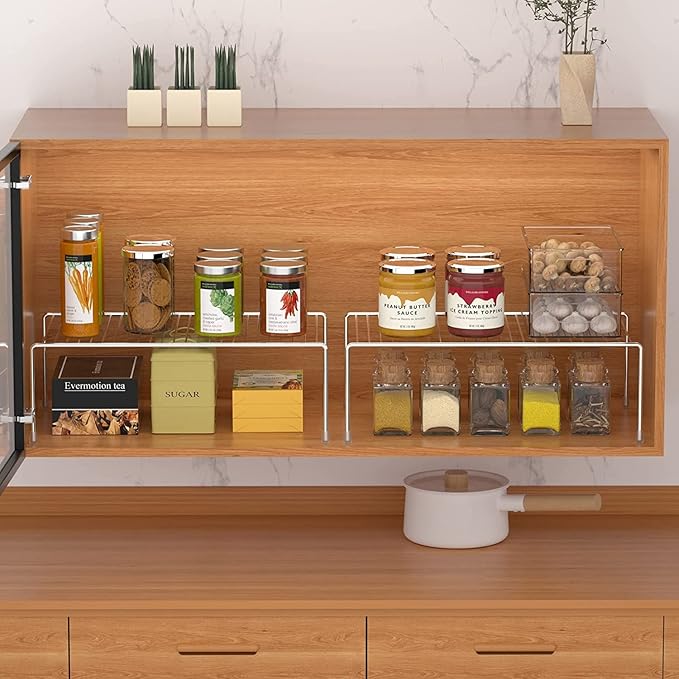 Kitchen Cabinet Shelf Organizer Set of 2, Large (15.7 x 9.4 inch) Metal Wire Pantry Storage Shelves, Dish Plate Racks for Cabinets, Freezer, Counter, Cupboard Organizers and Storage, Chrome