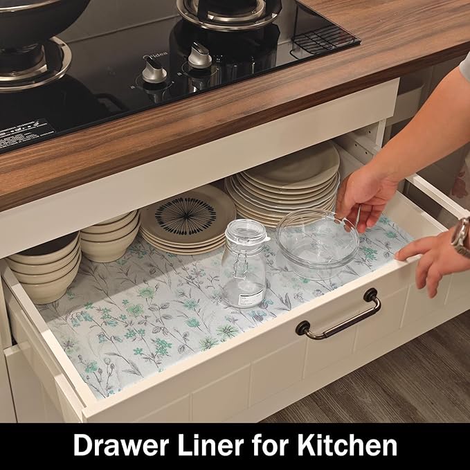 Amiitay Blue and Green Floral Shelf Liners Non Adhesive and 12IN x 20FT Strong Non-Slip Shelf and Drawer Liners for Kitchen Cabinet Wire Fridge, Waterproof Shelf Drawer Liner,Easy to Clean