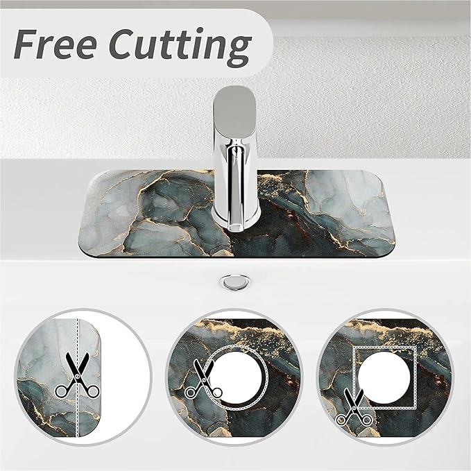 Kitchen Sink Splash Guard，Marble black gray gold- Faucet Mat Sink Gadgets-Super Absorbent Fast Drying Mat Drip Catcher for Kitchen, Bathroom,Sink Mat, Dish Drying Mat, Bathroom(15" X 5.5" )
