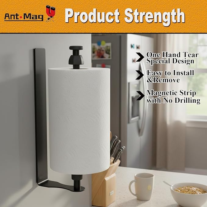 Ant Mag Magnetic Paper Towel Holder with One Hand Paper Tear and Adjustable Damping Effect Strong Magnet Ideal for Kitchen Refrigerator Cruise & Grill,Black