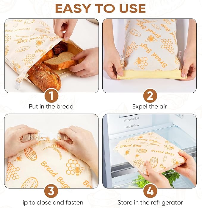 Beeswax Bread Bags for Sourdough 17in*12in Sealed Bag Reusable Cotton Beeswax Bag for Homemade Bread Freezer-Friendly Freshness Preservation with Snap Closure 2 Pack (Orange Pattern)