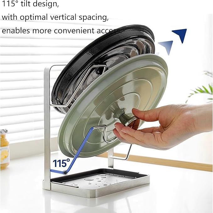 304 Stainless Steel Pot Lid Holder with Drip Tray- Pot Lid Rack While Cooking - Multifunctional Pot Lid & Cutting Board Holder - Kitchen Pot Lid Storage Rack