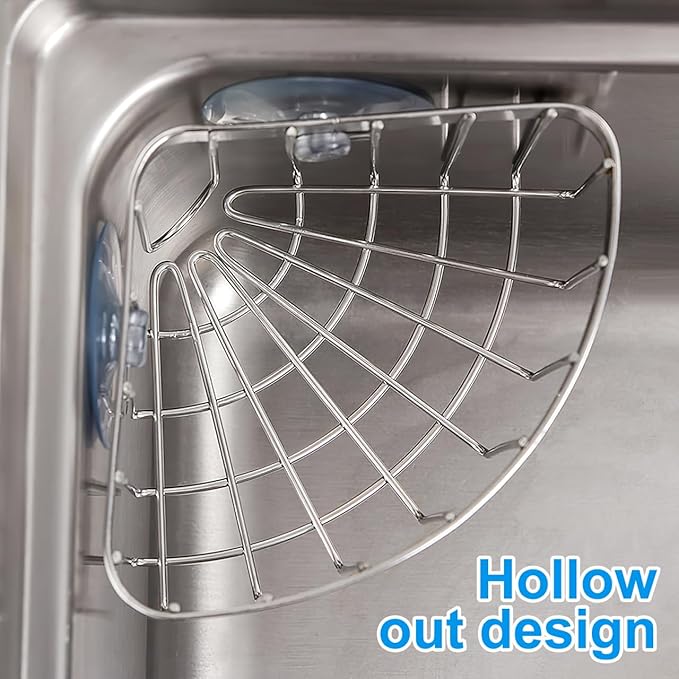 Housoutil Suction Sponge Holder, Movable 90°corner Sink Caddy Ith Strong Suction Cup, Stainless Steel Hollowed-out Caddy for Kitchen Bathroom
