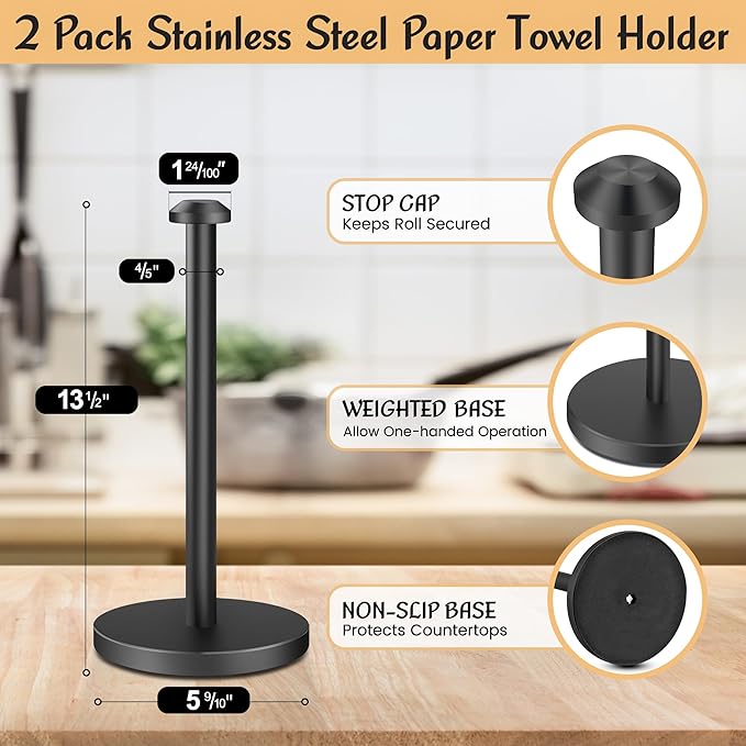 AOSION 2 Pack Paper Towel Holder, Stainless Steel Paper Towel Holder Countertop,Paper Towel Stand for Kitchen, Bedroom, Bathroom (Black)