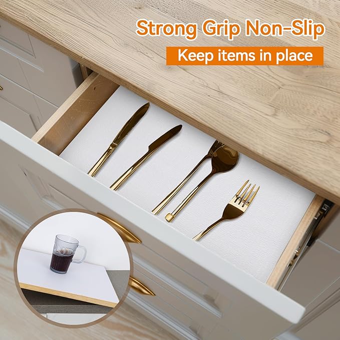 Shinlendid Shelf and Drawer Liner for Kitchen Cabinets Non-Adhesive, Strong Grip Non-Slip Thickened Cabinet Liners for Shelves, Waterproof Mats for Dresser Cupboard, White, 17 in x 20 Feet