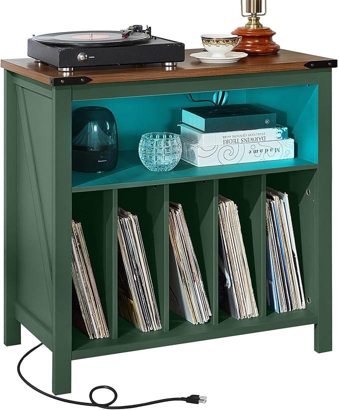 Large Record Player Table with Charger Station & LED Lights, Vinyl Record Storage Player Table up to 230 Albums, Turntable Stand with Display Shelf for Music Room Bedroom Living Room (Green)