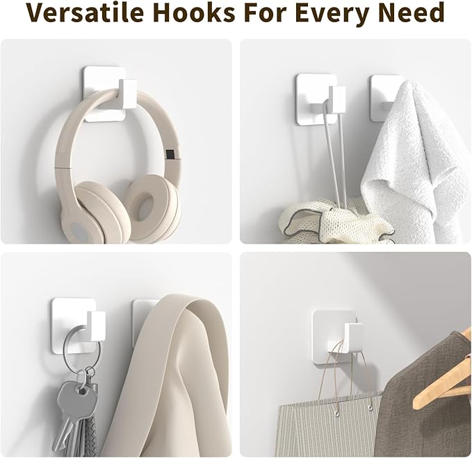 GWAAZXGZ Square Self Adhesive Towel Hooks - 2 Pack Matte White Metal Hooks, Right-Angle Design for Towels, Robes & Hats, Organize Bathroom, Kitchen, Entryway, Doors, Cabinets on Smooth Surfaces