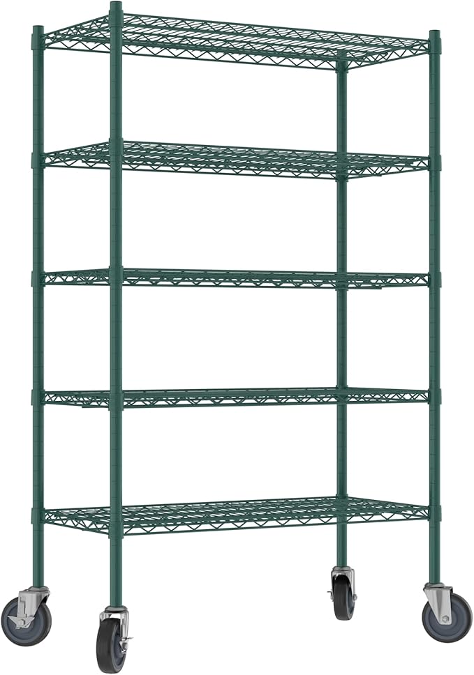 Commercial NSF Listed Green Epoxy Mobile Wire Shelving Kit 18" x 36" x 60", with 5 Shelves Perfect for Warehouse, Walk-in Refrigerator, Freezer, Grocery Store, Restaurant, Dishroom