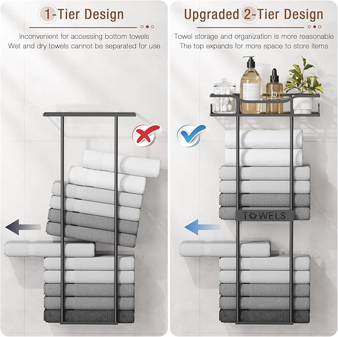 Towel Racks for Bathroom Wall Mounted Towel Storage Organizer Wall Towel Rack for Rolled Towels（2 Tier Black