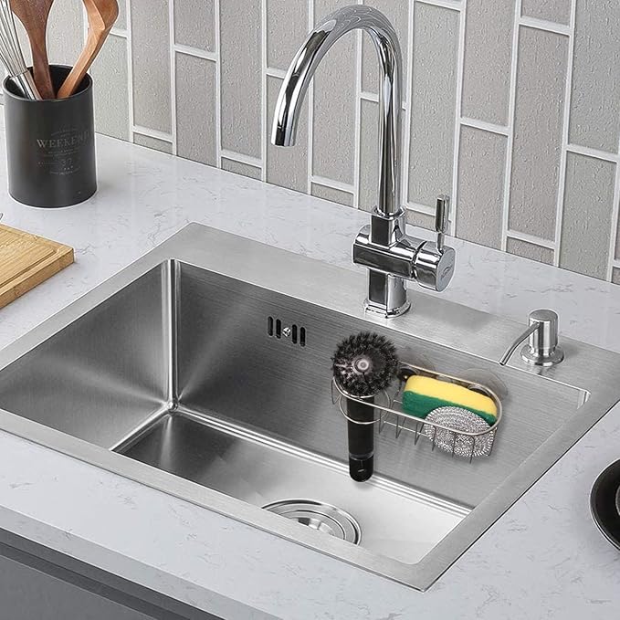 Sink Sponge Holder, Magnetic Kitchen Sink Caddy, 304 Stainless Steel Sponge Brush Holder, Two Suspension Modes, Sink Drain Frame- Silver