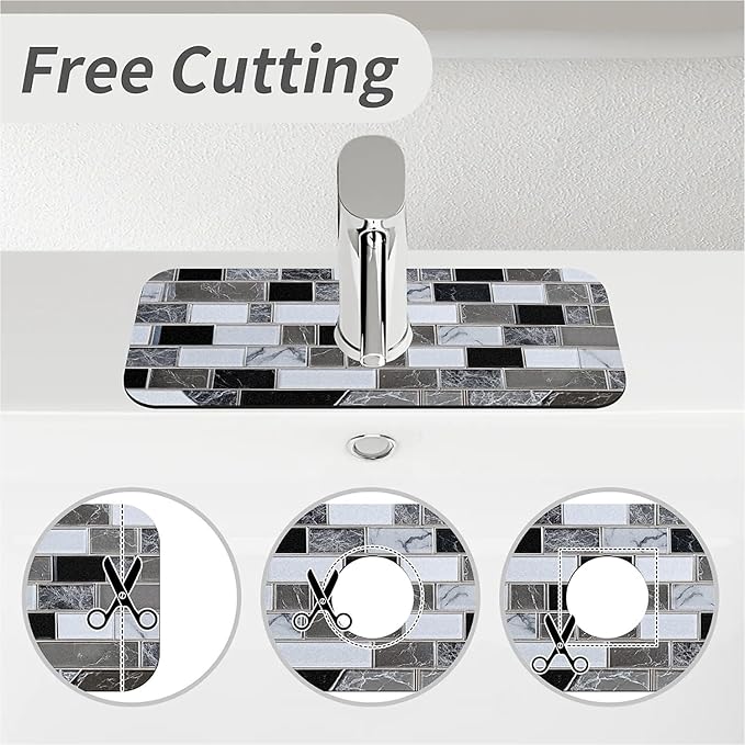 Kitchen Sink Splash Guard，White-black gray tiles Faucet Mat Sink Gadgets-Super Absorbent Fast Drying Mat Drip Catcher for Kitchen, Bathroom,Sink Mat, Dish Drying Mat, Bathroom(15" X 5.5" )