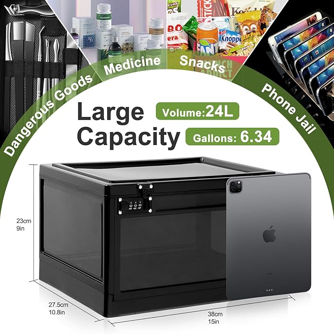 Large Medicine Lock Box, Clear Lockbox for Medication, 24L Lockable Storage Box with Dual 3-Digit Combination Locks for Snacks/Phone/Electronics, Organizer Bin for Home/Office/Fridge/School