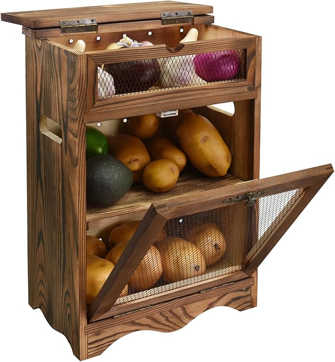 Ikee Design Free Assemble Wooden Countertop Potato and Onion Storage Bin Box,Countertop Cabinet, Wooden Bread Boxes, Potato Storage, Coffee Station, 11.8W x 6.8D x 16H in, Rustic Color