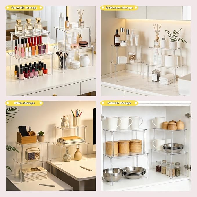 Clear Acrylic Cabinet Organizer, 2-Pack Stackable Shelf Riser for Kitchen Pantry & Countertop, Tiered Spice Rack Organizer for Cabinets, Desk & Bathroom