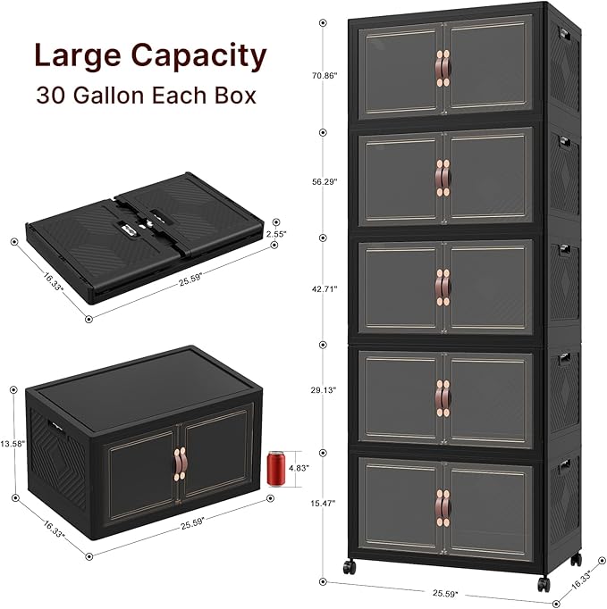 VNVTO 600Qt Stackable Storage Bins with Lids, 5 Pack Large Collapsible Bins with Wheels, Plastic Cabinet with Doors, Foldable Closet Organizers and Storage for Home, Dorm, Office, Black