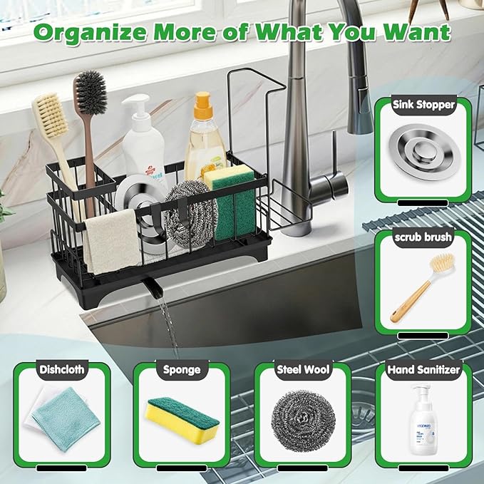 Sponge Holder for Kitchen Sink, Kitchen Sink Caddy Organizer with Detachable Cloth & Brush Holder, Auto Draining Countertop Organizers & Storage Essentials Accessories with 360° Rotatable Spout(Black)