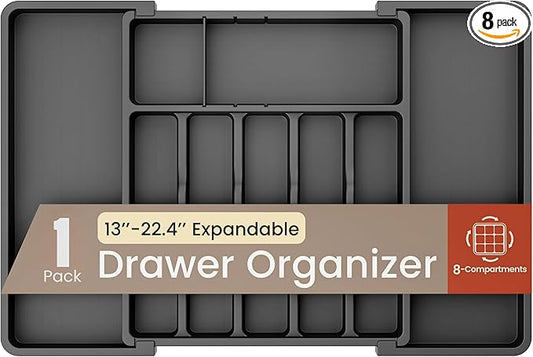 Black Expandable Utensil Drawer Organizer 1 Pack, Adjustable 13” to 22.4”, 8 Compartment Silverware Organizer for Kitchen Utensils, Spatulas, Cutlery, and Tools, Easy to Clean, Durable, and BPA-Free