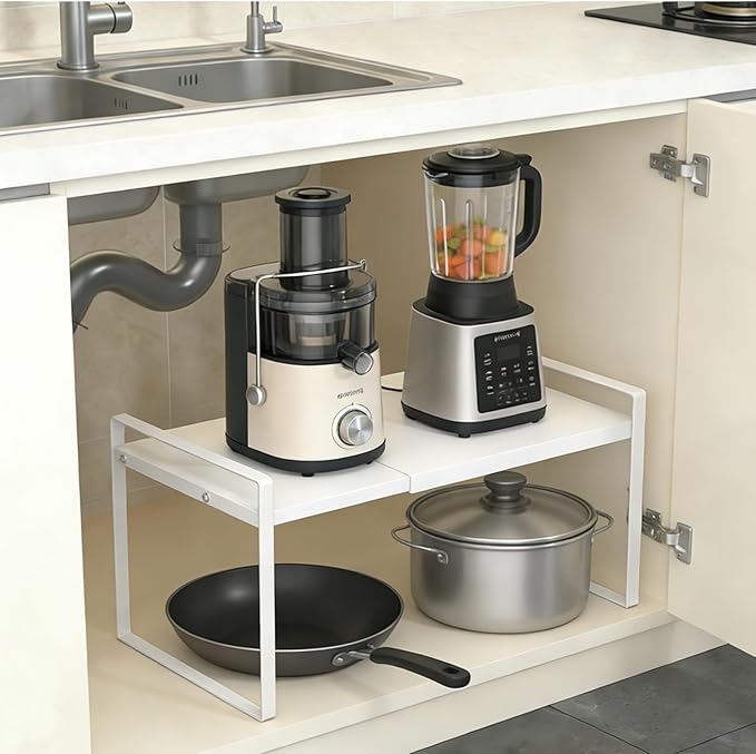 Expandable Cabinet Shelf Organizer 14-25" L Stackable Kitchen Counter Shelf Rack Sink Riser Countertop Storage white(1 Pack)
