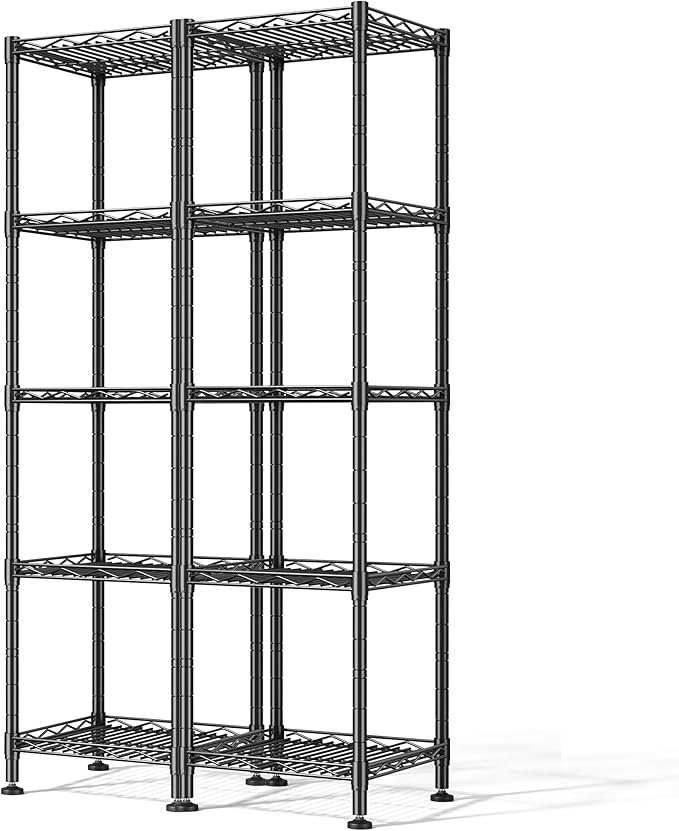 Set of 2 Storage Shelves-5 Tier Metal Shelving Adjustable Wire Shelves Standing Shelf Units Narrow Shelf for Kitchen Pantry Closet Office 12''Wx12''Dx49''H Black