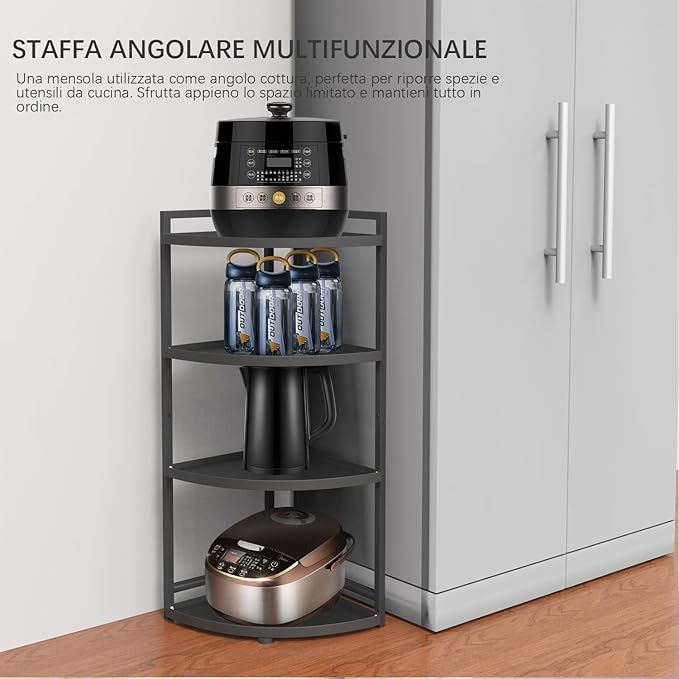 HUIJIN 4 Tier 90°Corner Shelf for Kitchen - Space-Saving Spice Rack, Pot & Pan Organizer, Under Sink Storage - Sturdy Iron Tiered Shelves [RA10 H80/W30CM]