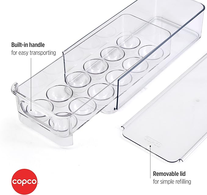 Copco Egg Storage Drawer with Removable Lid and Flat Top For Stacking and Space Saving, Holds 14 Medium, Large, XL, or Jumbo Eggs, Handle for Easy Transport, Clear