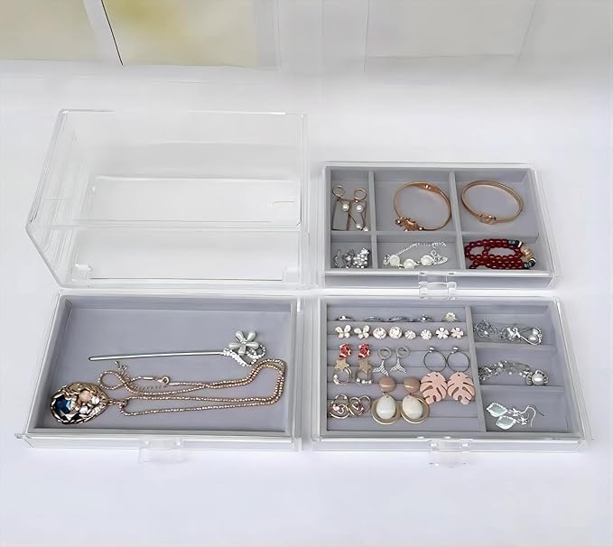 Clear Jewelry Organizer with 3 Drawers, Earring Organizer Jewelry Boxes for Women, Acrylic Earrings Display Holder for Storing Necklaces Earrings Rings, Grey